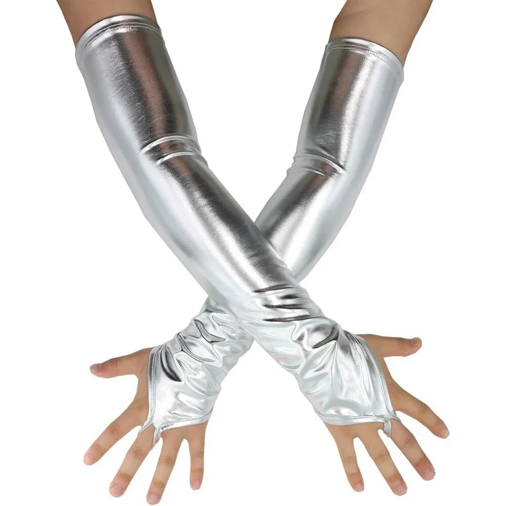 Women's Fingerless Shiny Metallic Spandex Silver Fashion Long Elastic Gloves